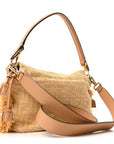 Fabric Jacquard Raffia Straw Fringe Medium Mamma Baguette Beige