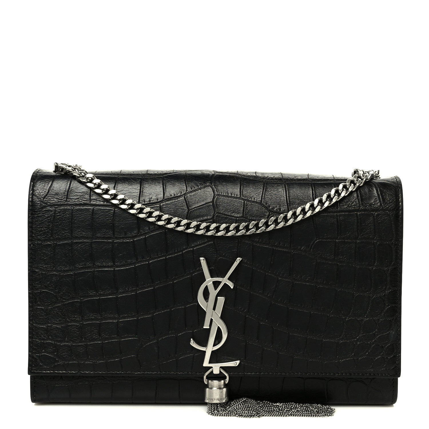 Calfskin Crocodile Embossed Medium Classic Monogram Kate Tassel Satchel Black