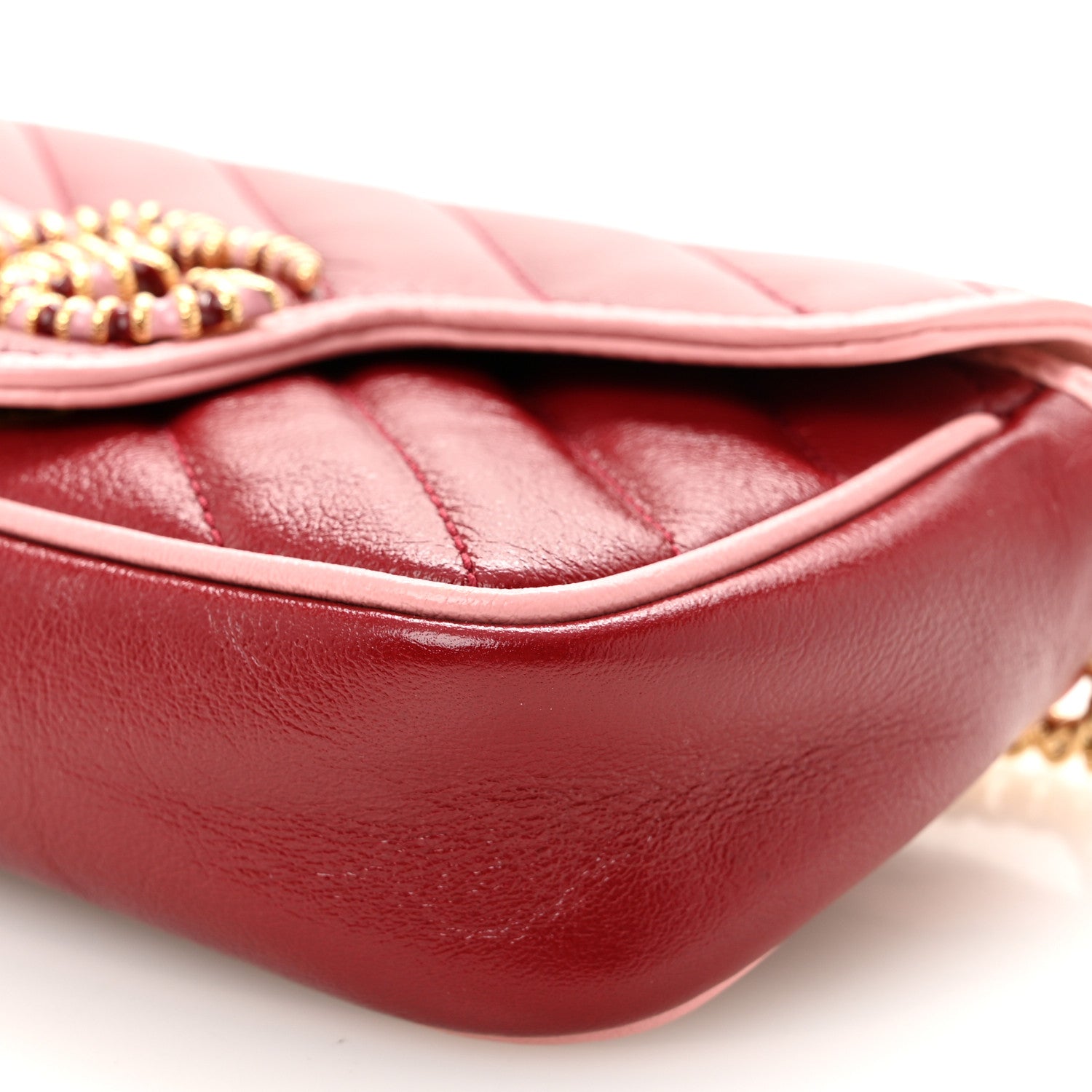 Azalea Calfskin Enamel Matelasse Diagonal Super Mini Torchon GG Marmont Shoulder Bag New Cherry Red Wild Rose