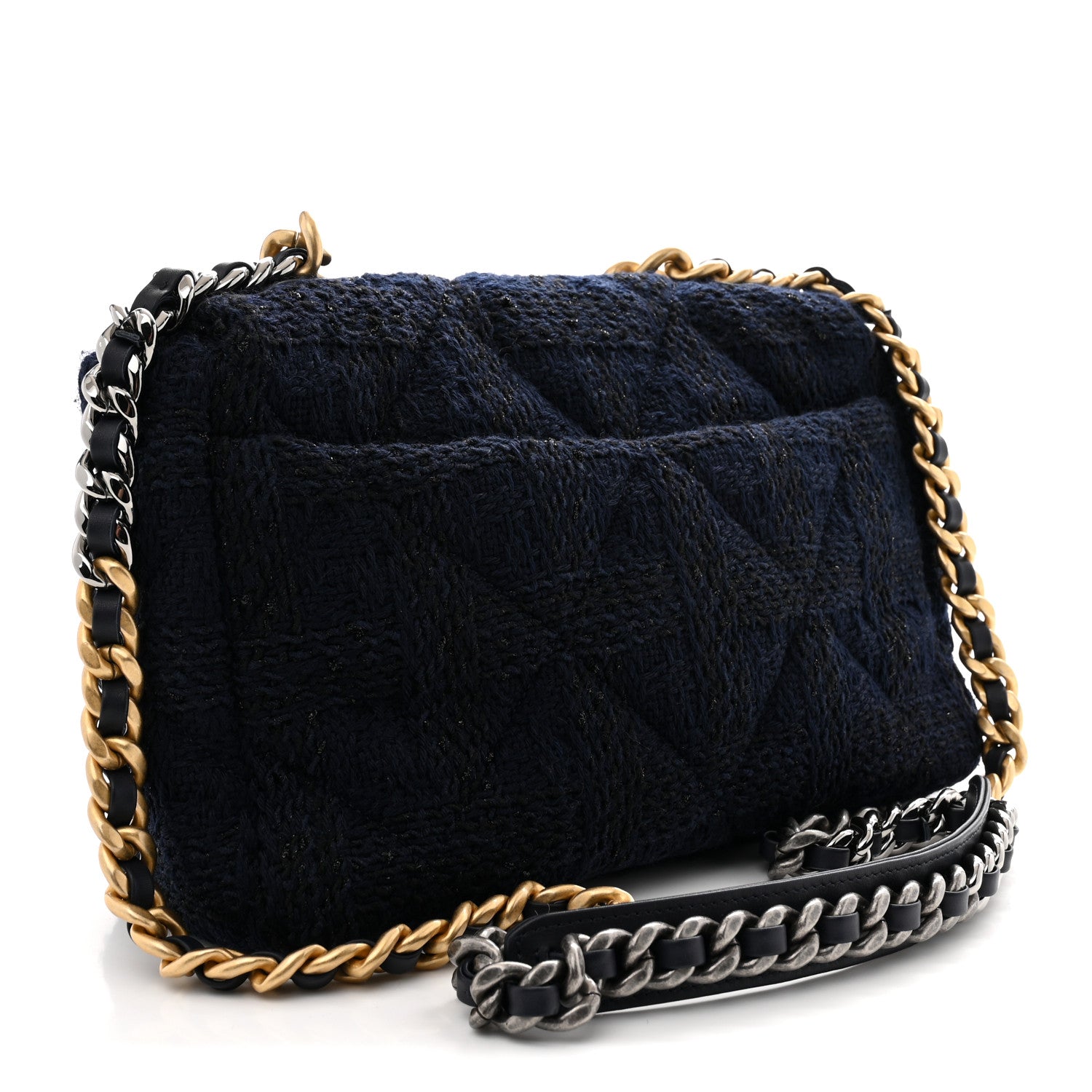 Tweed Quilted Large CHNL 19 Flap Navy Blue
