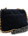 Tweed Quilted Large CHNL 19 Flap Navy Blue