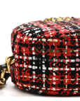 Tweed Quilted CHNL 19 Round Clutch With Chain  Red Black White Green