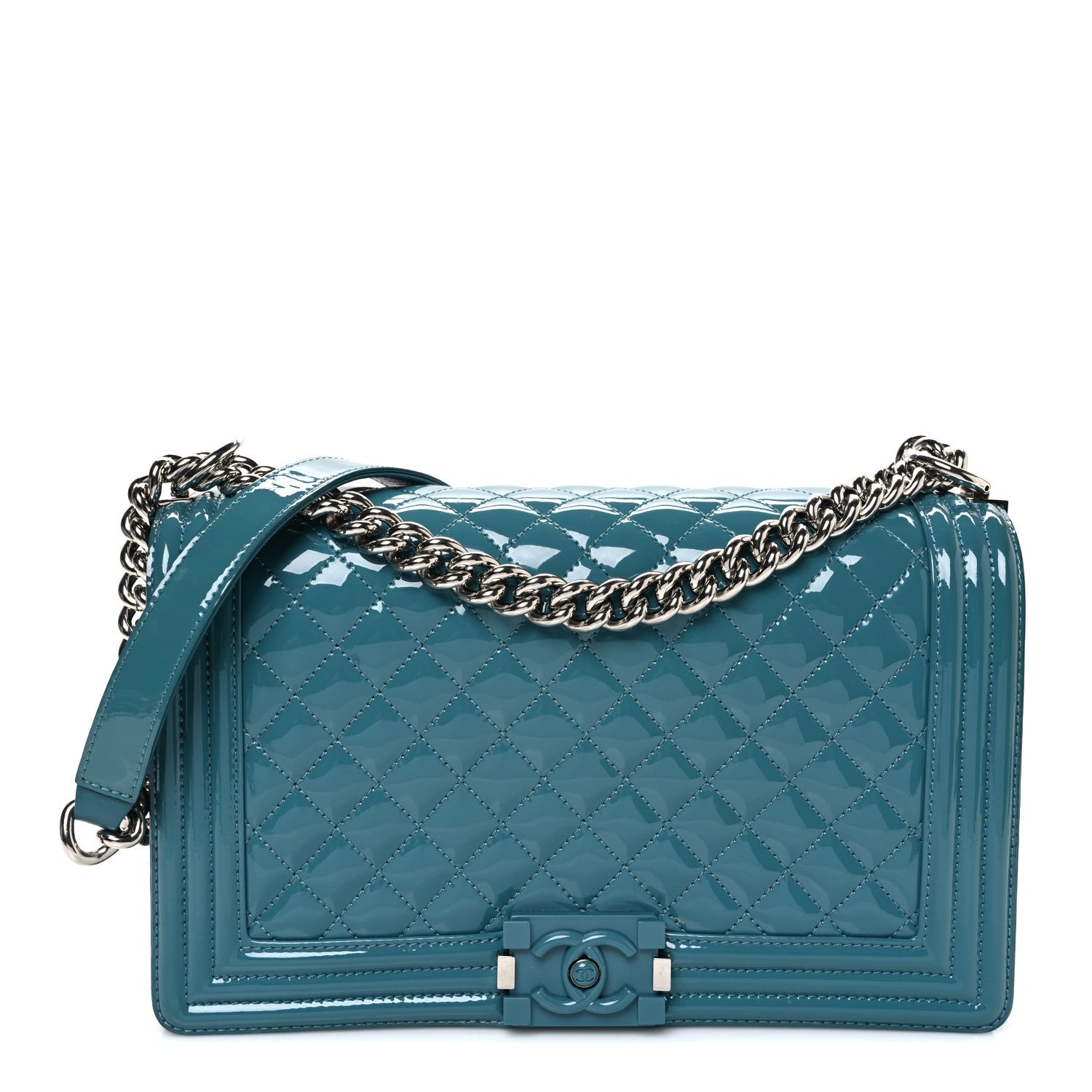 Patent Calfskin Quilted New Medium Plexiglass Boy Flap Turquoise