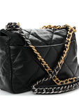 Shiny Goatskin Quilted Large CHNL 19 Flap Black