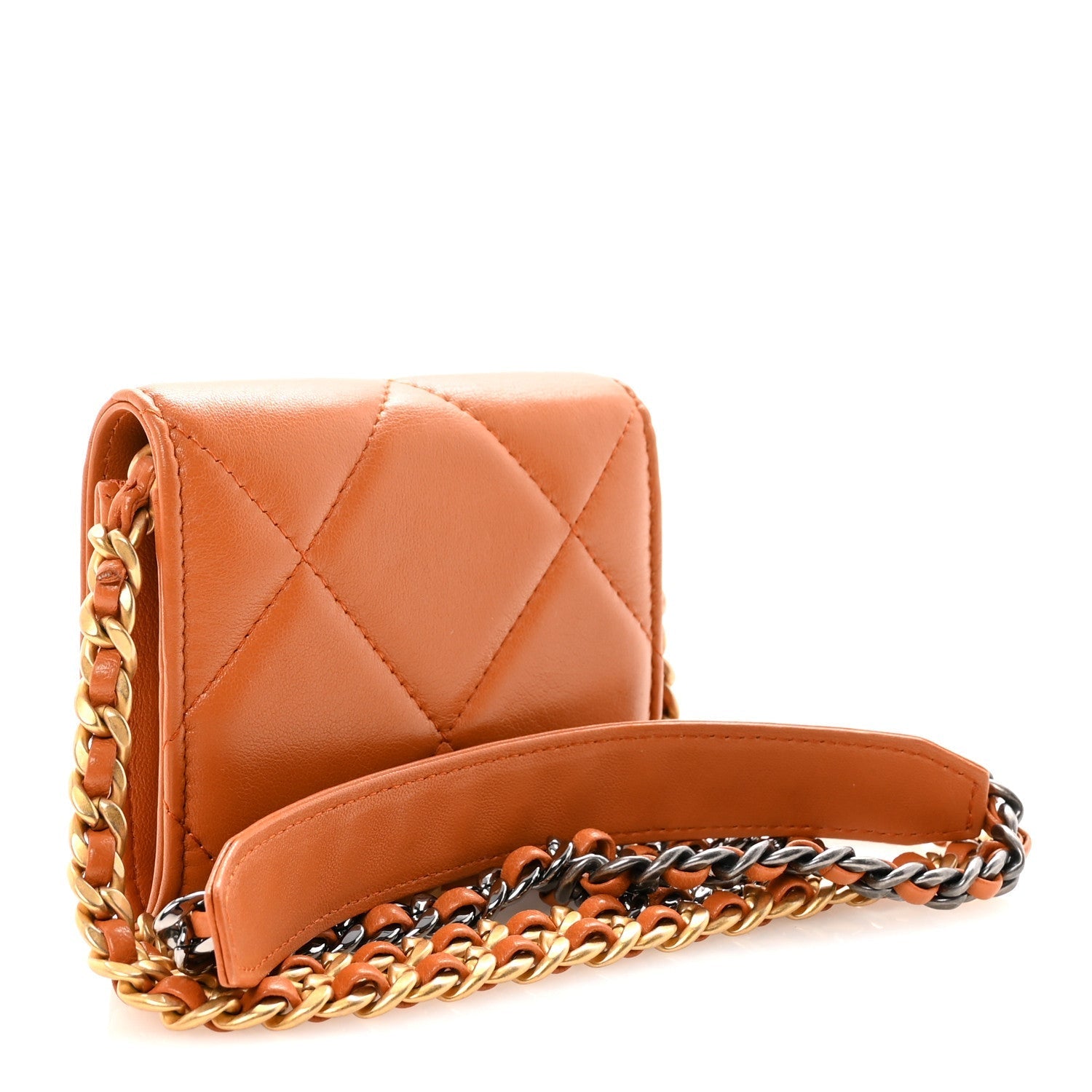Lambskin Quilted CHNL 19 Flap Coin Purse With Chain Light Brown