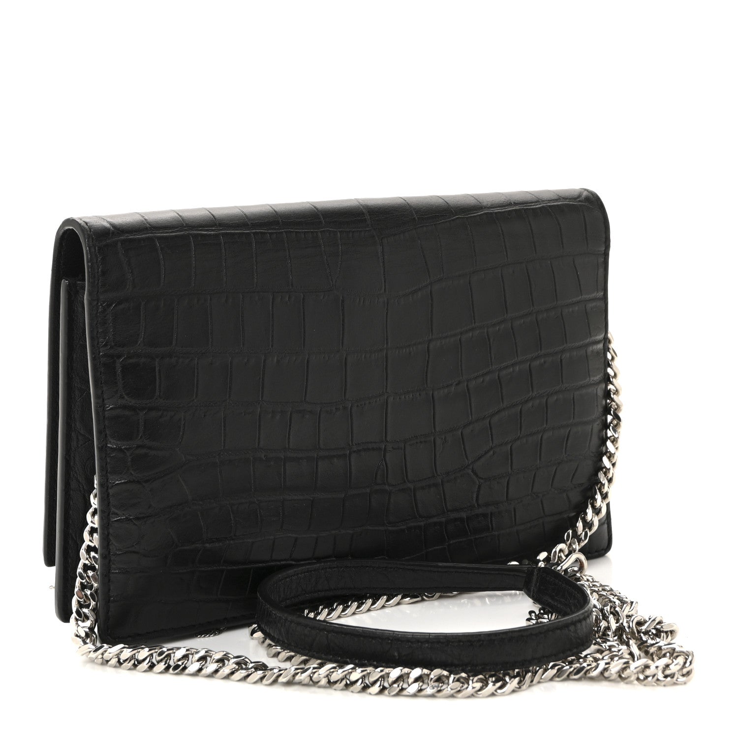 Calfskin Crocodile Embossed Kate Monogram Tassel Chain Wallet Black