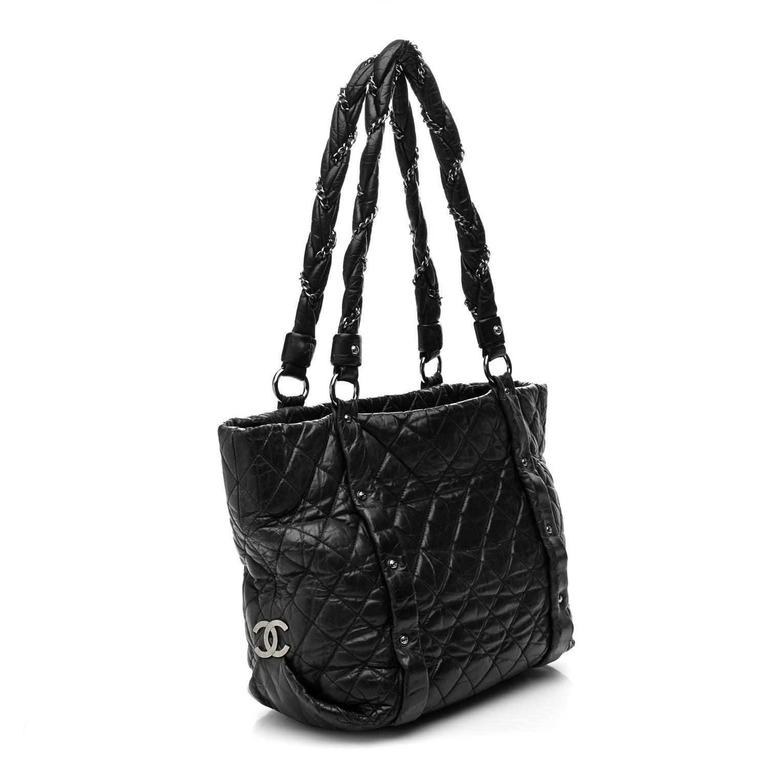 Distressed Lambskin Vintage Ligne Lady Braid Tote Black