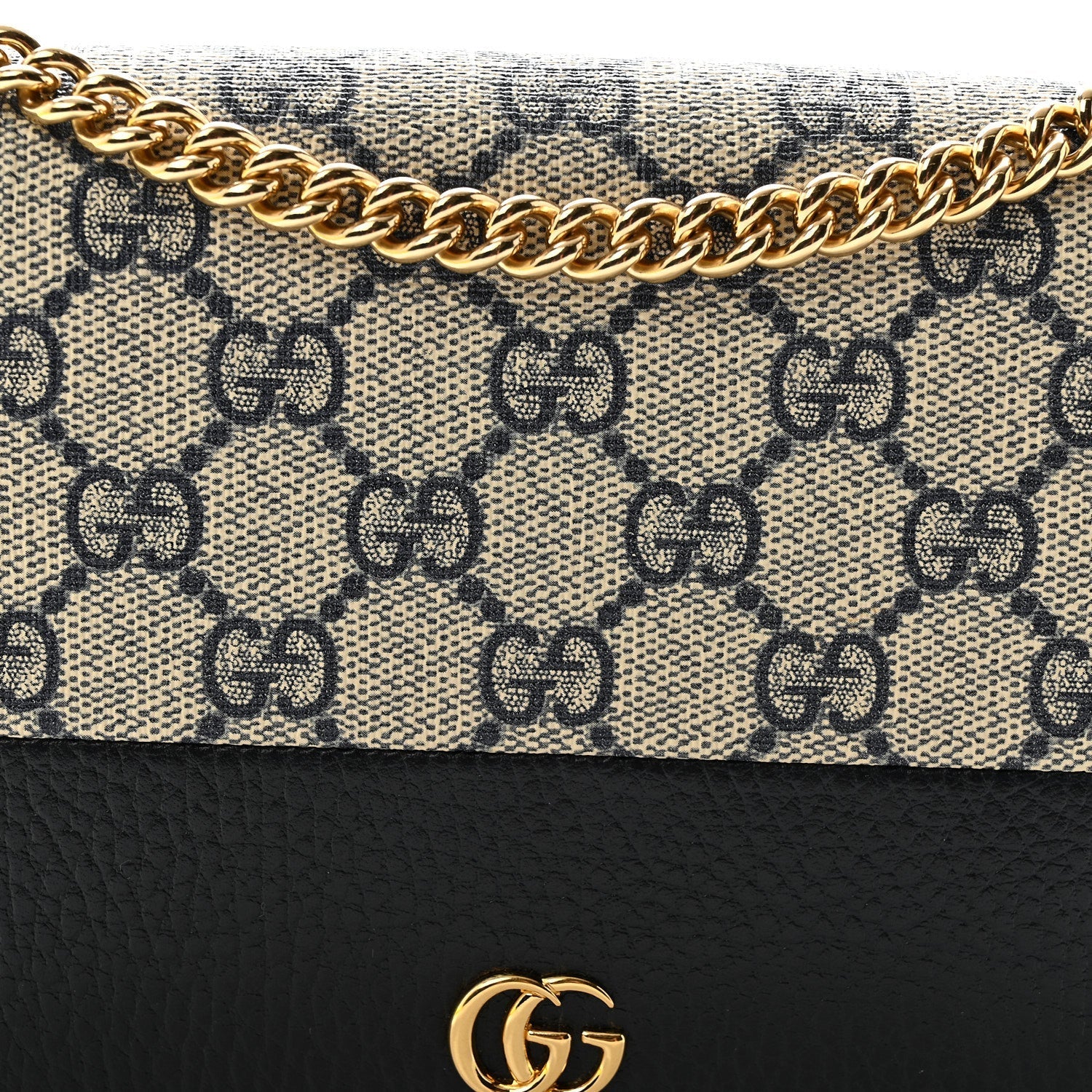 GG Supreme Monogram Textured Dollar Calfskin Mini GG Marmont Chain Wallet Beige Blue