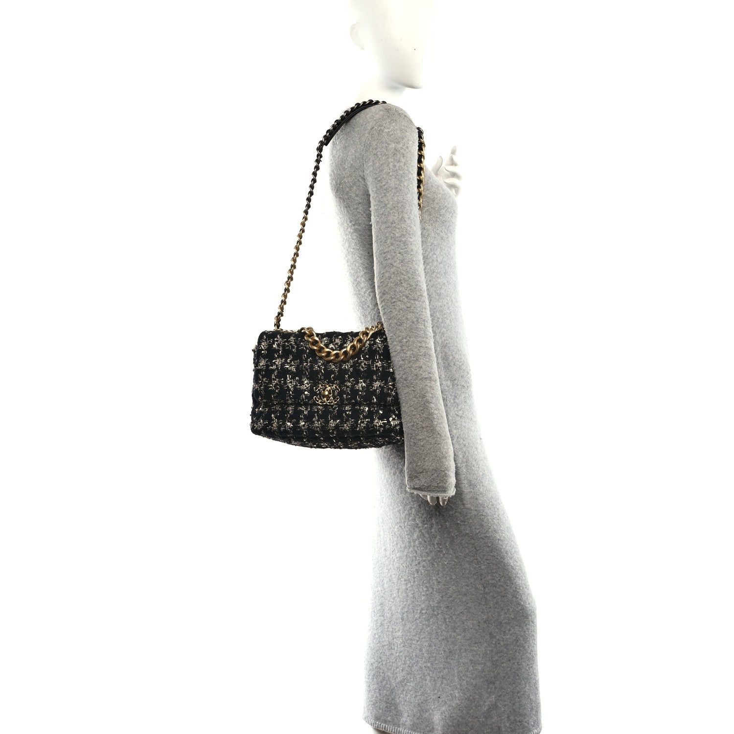 Tweed Quilted Large CHNL 19 Flap Black Silver Ecru
