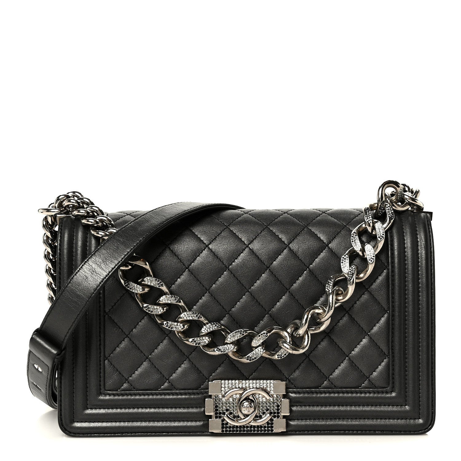 Metallic Lambskin Quilted Crystal Medium Boy Flap Grey