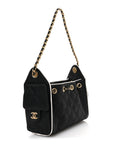 Braided Raffia Calfskin Quilted Mini CHNL 25 Handbag Black White