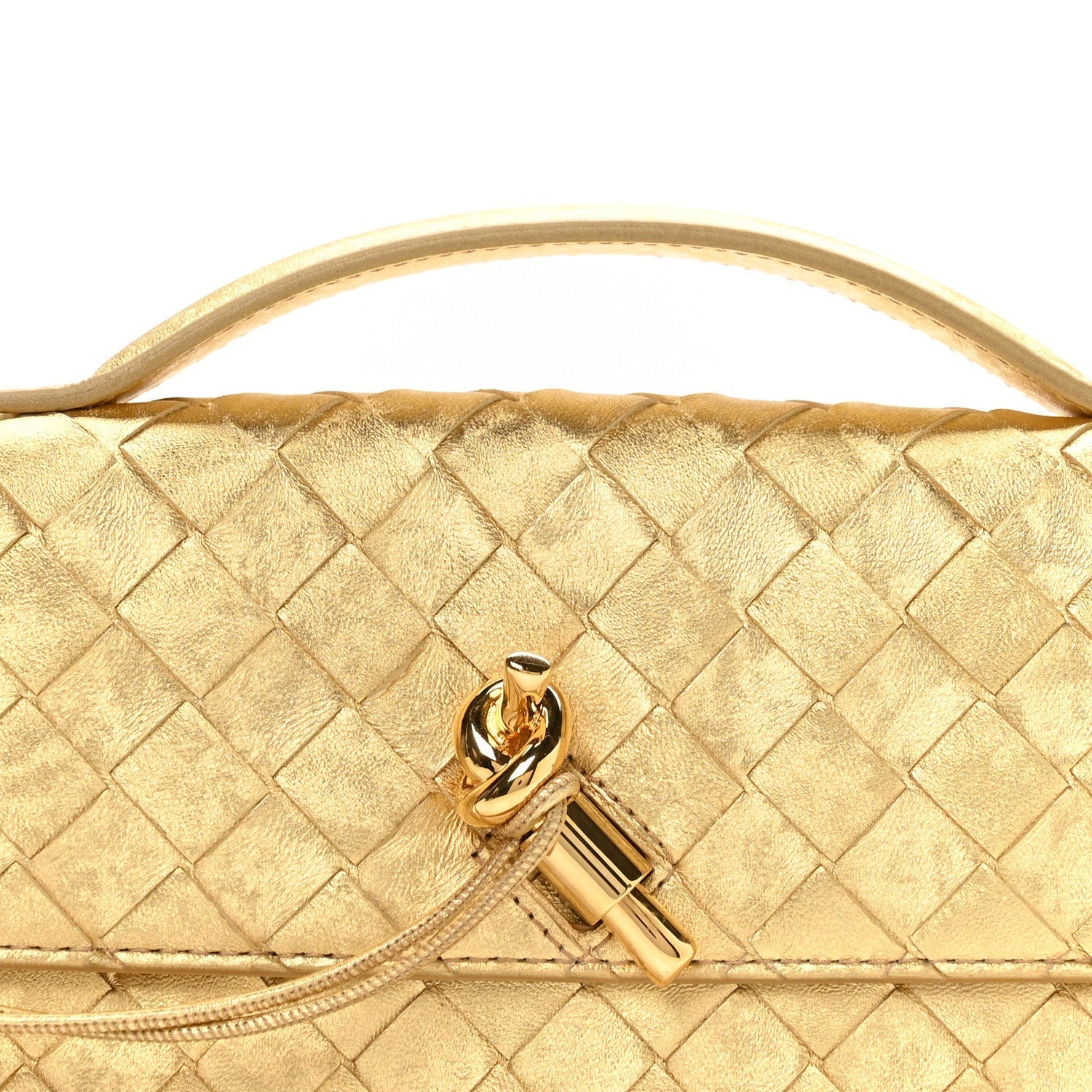 Metallic Satin Lambskin Intrecciato Long Andiamo Top Handle Clutch Gold