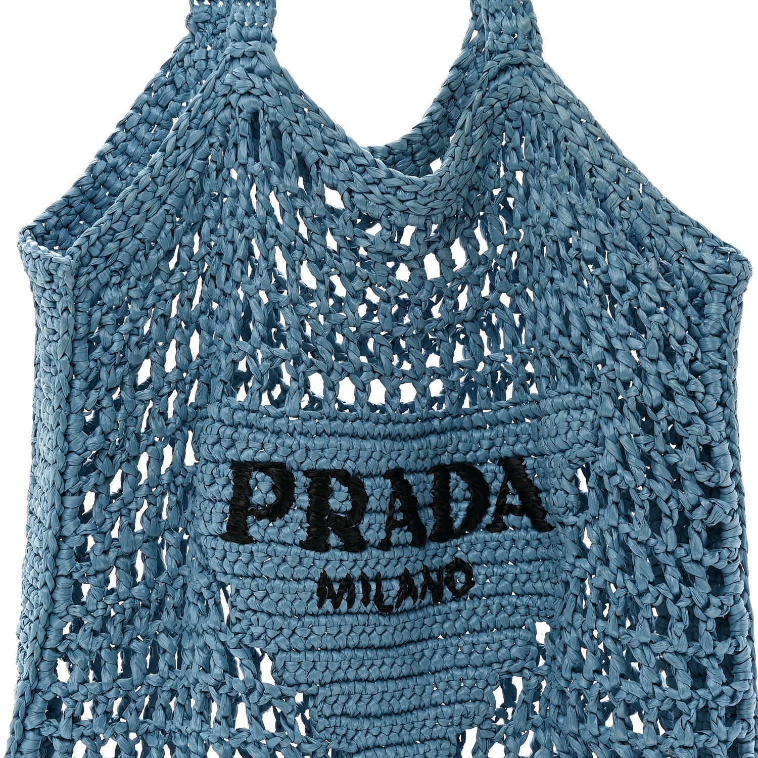 Yarn Raffia Effect Crochet Logo Embroidered Tote Bag Celeste