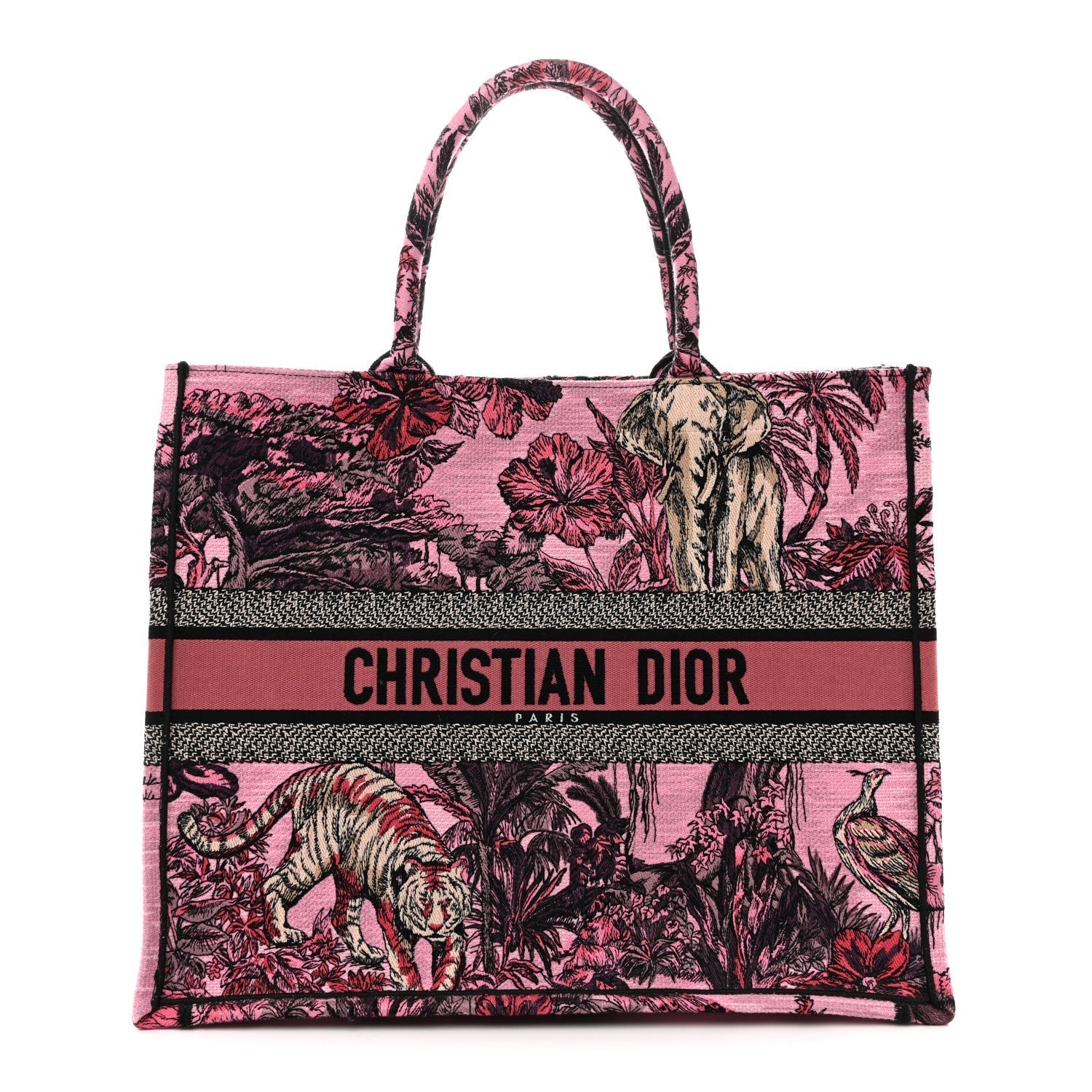 Canvas Embroidered Large Toile de Jouy Voyage Book Tote Fuchsia Multicolor