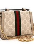 GG Supreme Monogram Textured Dollar Calfskin Web Mini Ophidia Padlock Top Handle Chain Shoulder Bag Beige Mystic White Oatmeal