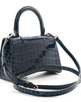 Shiny Calfskin Crocodile Embossed Hourglass Top Handle Bag XS Denim Blue