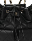 Lambskin Quilted Double Pocket Drawstring Backpack Black