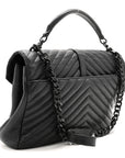 Sheepskin Matelasse Chevron Monogram Monochrome Large College Satchel Black