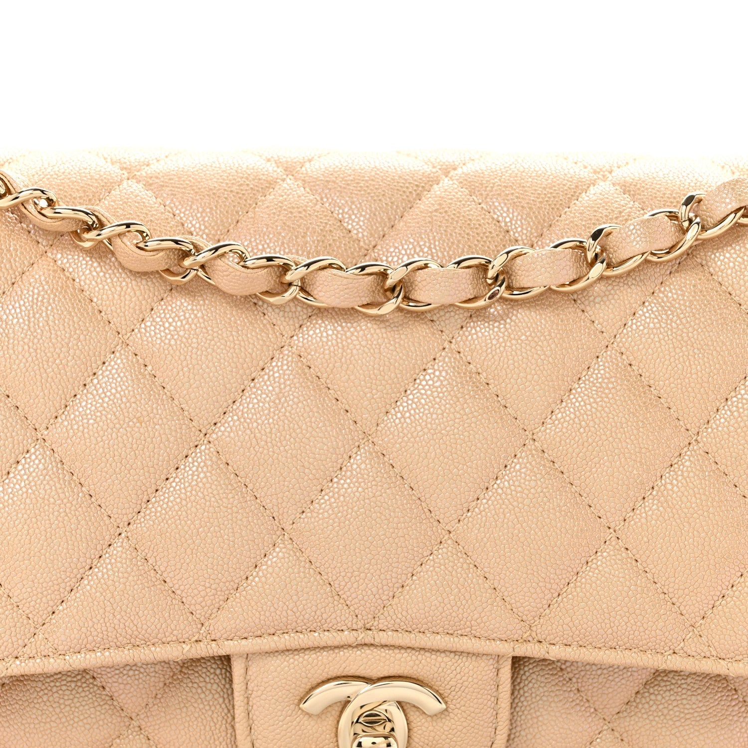 Iridescent Caviar Quilted Medium Double Flap Beige