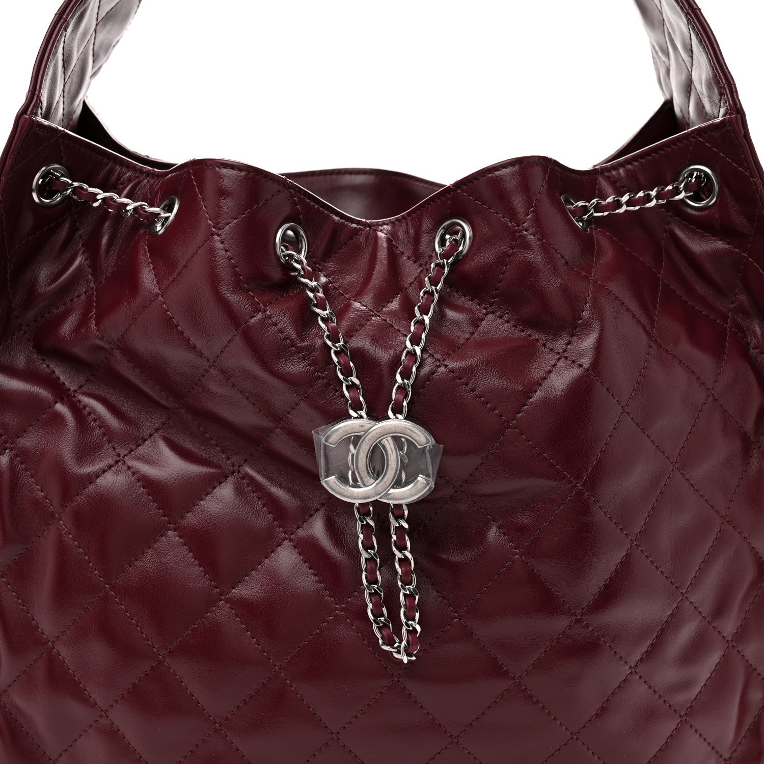 Shiny Crumpled Calfskin Quilted Medium CHNL 25 Handbag Dark Burgundy
