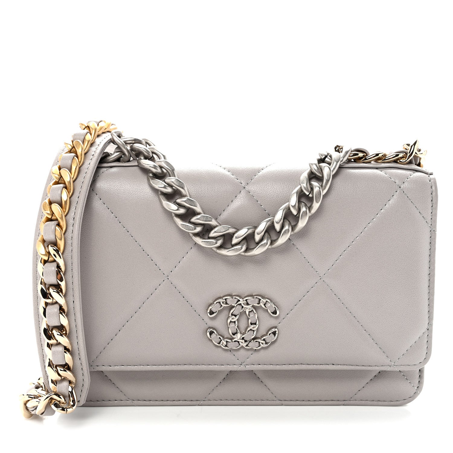 Lambskin Quilted CHNL 19 Wallet On Chain WOC Grey