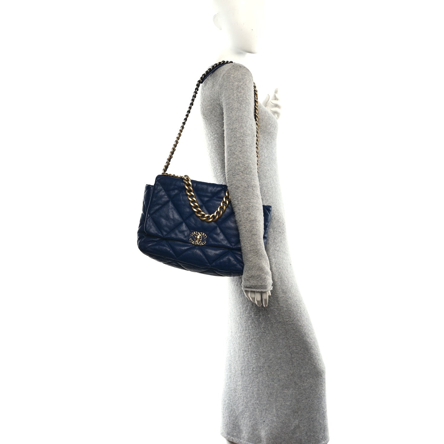 Goatskin Quilted Maxi CHNL 19 Flap Navy Blue