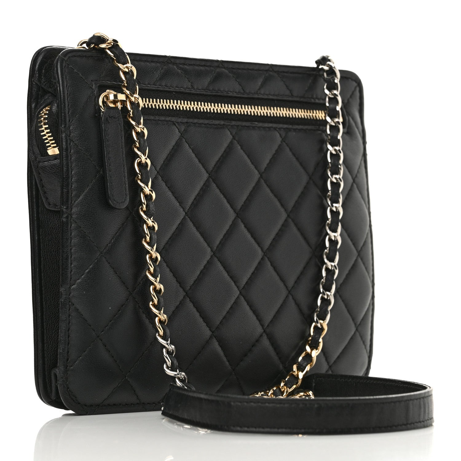 Lambskin Quilted Square Front Pocket Clutch With Chain Black