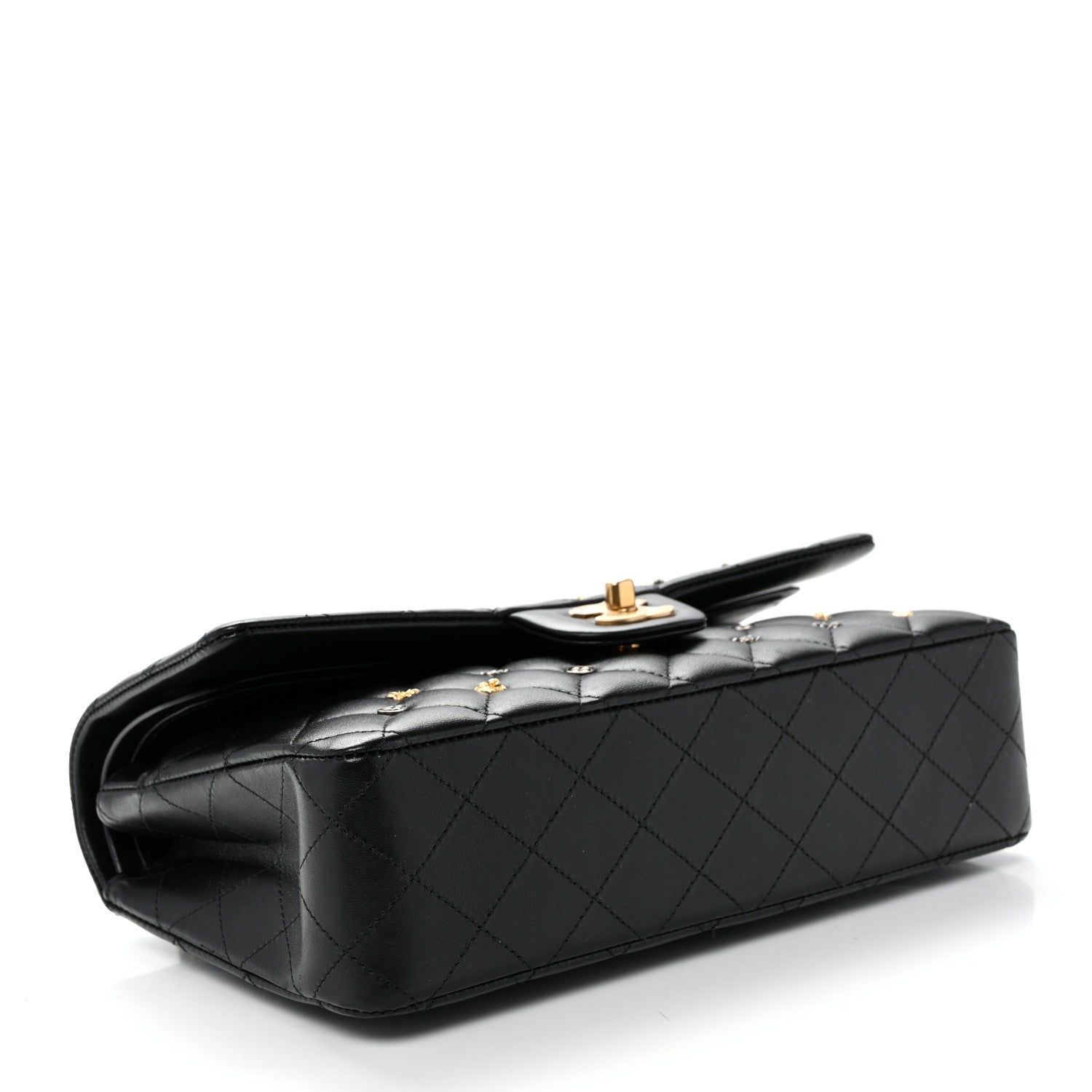 Lambskin Quilted Studded Medium Double Flap Black