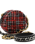 Tweed Quilted CHNL 19 Round Clutch With Chain  Red Black White Green