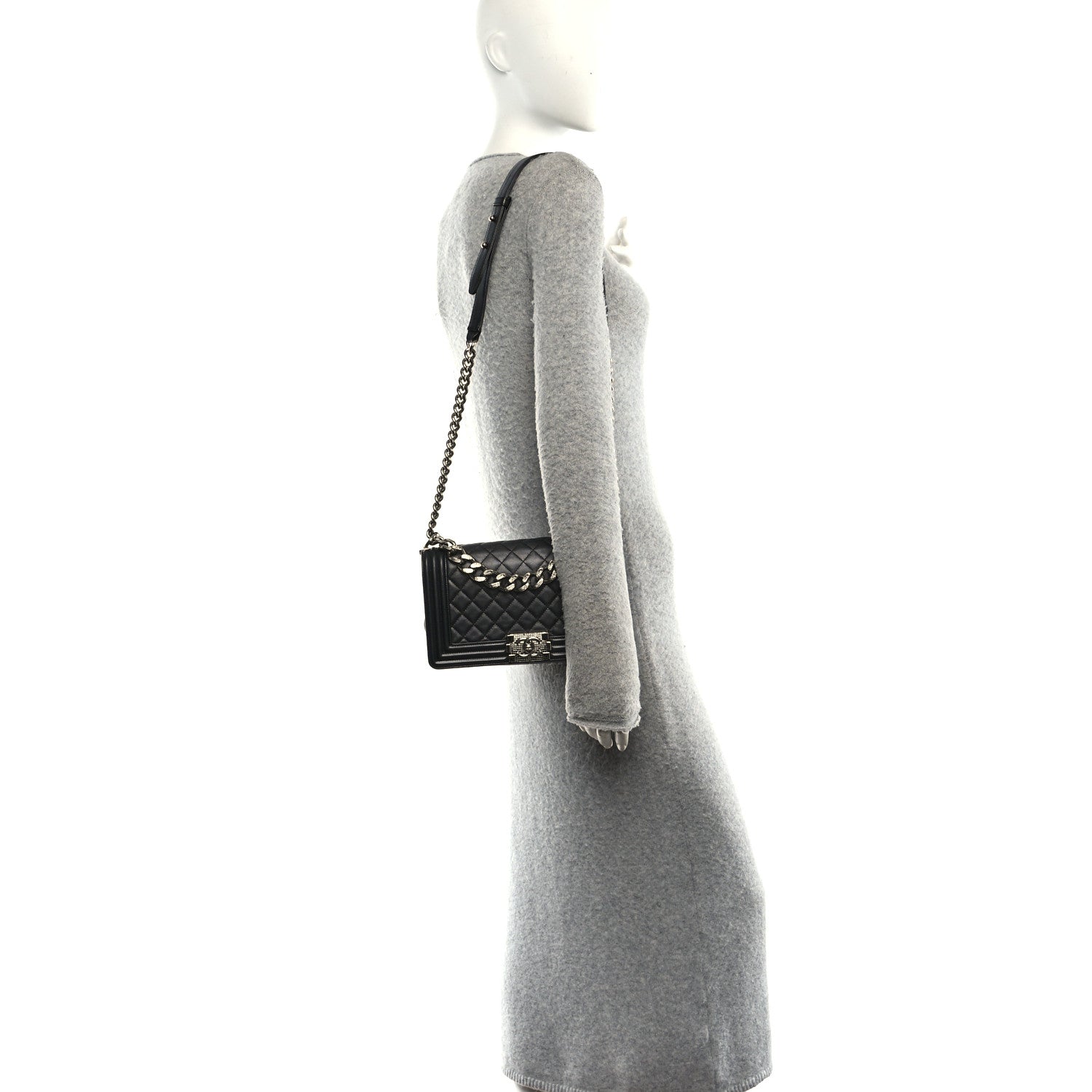 Metallic Lambskin Quilted Crystal Medium Boy Flap Grey