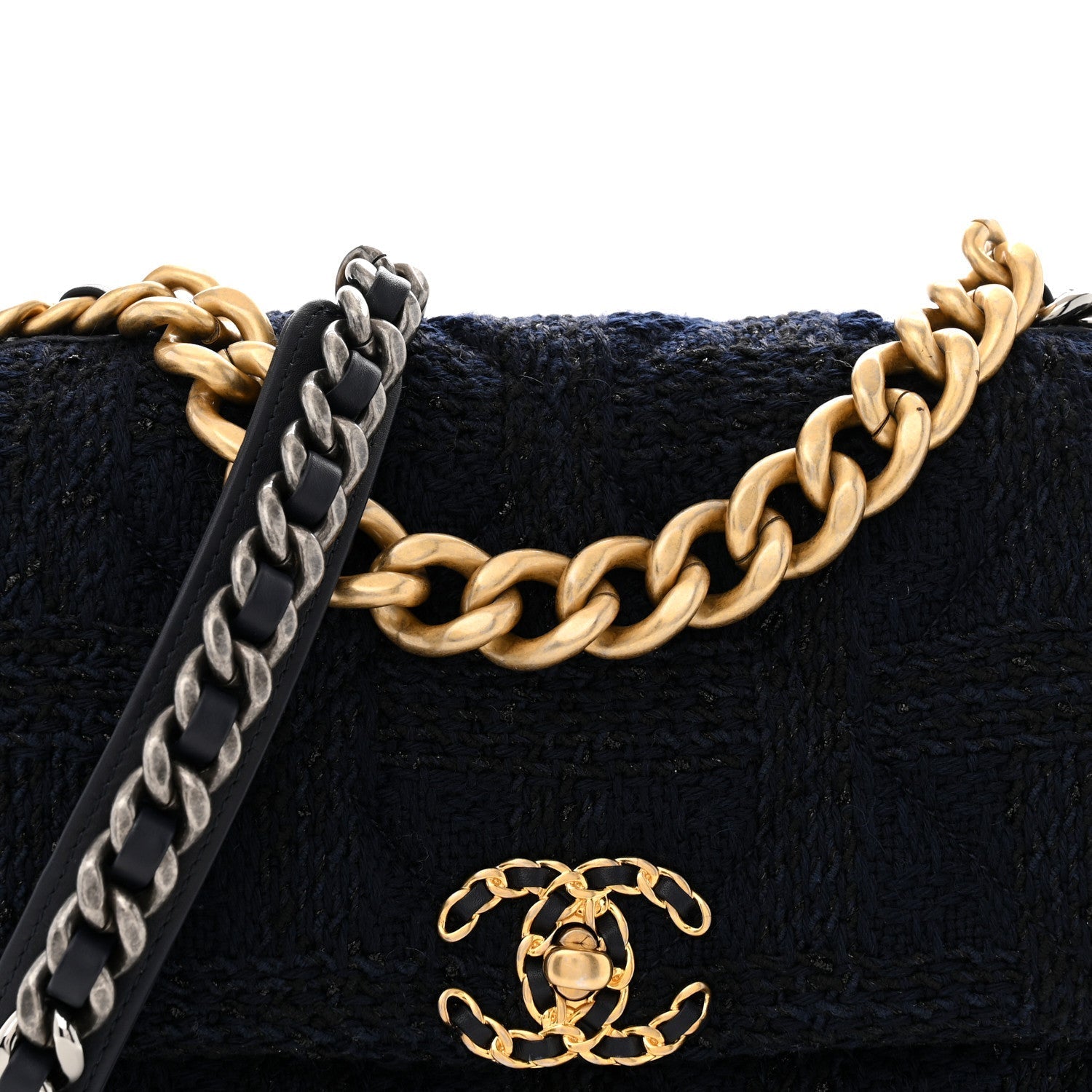 Tweed Quilted Large CHNL 19 Flap Navy Blue