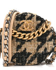 Wool Tweed Lambskin Quilted CHNL 19 Round Clutch With Chain and Coin Purse Beige Black