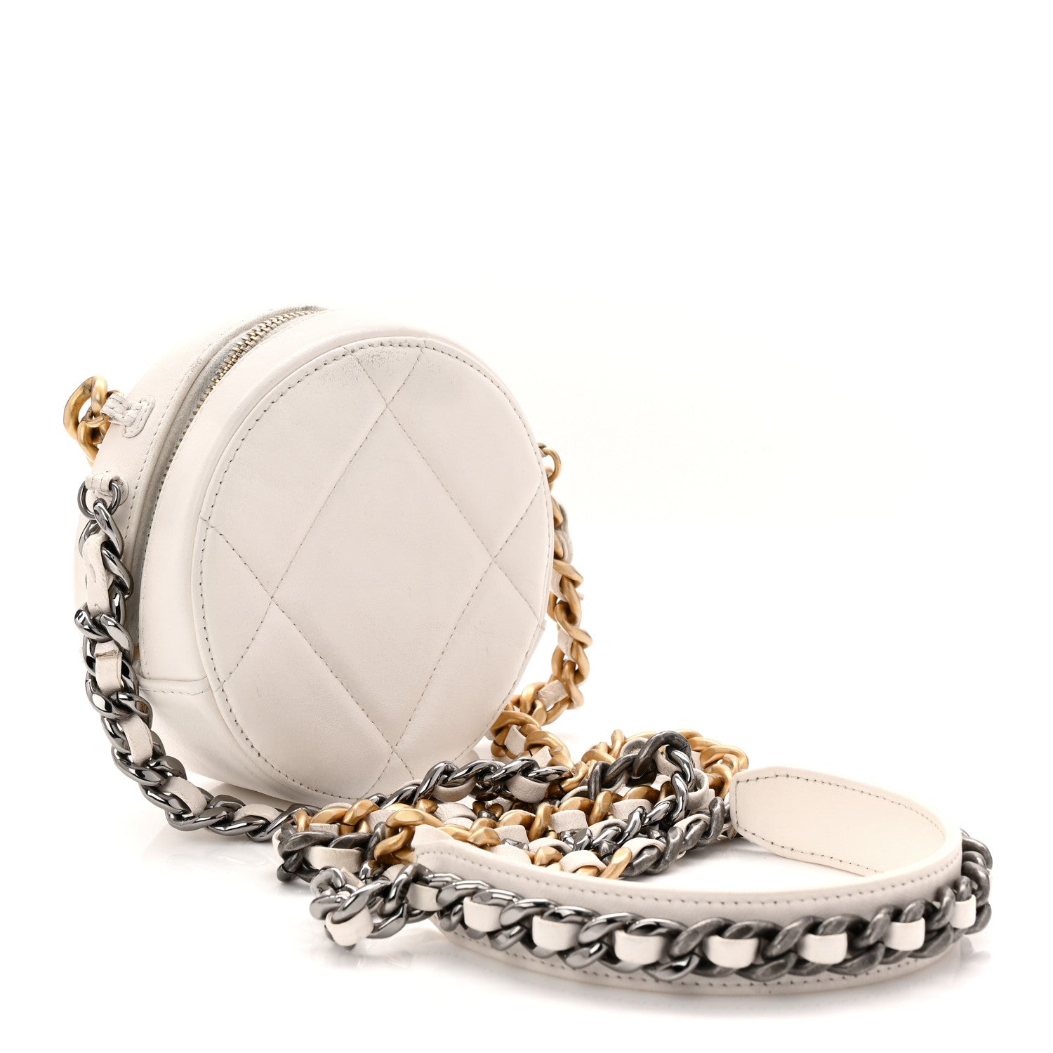 Shiny Goatskin Quilted CHNL 19 Round Clutch With Chain White
