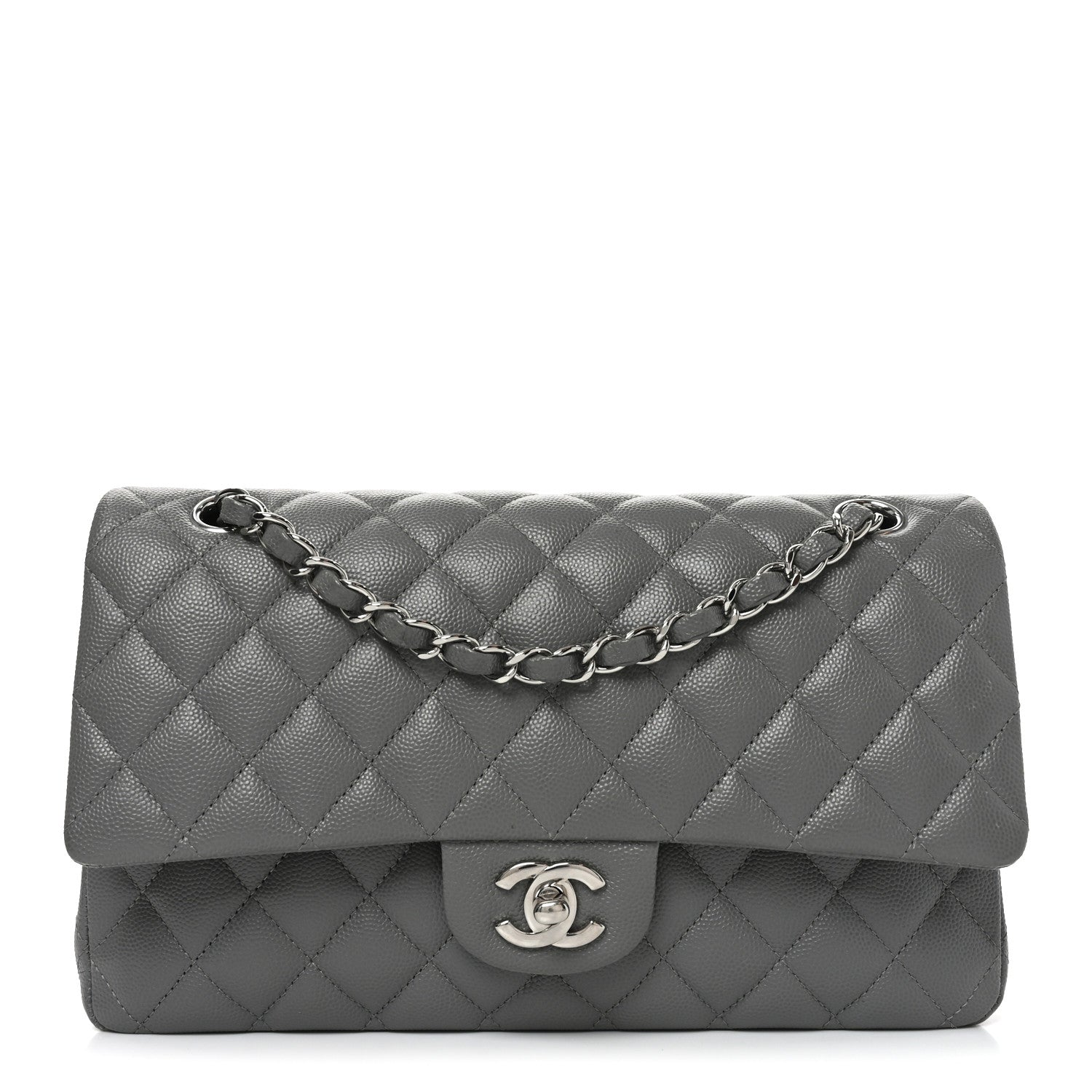 Caviar Quilted Medium Double Flap Grey