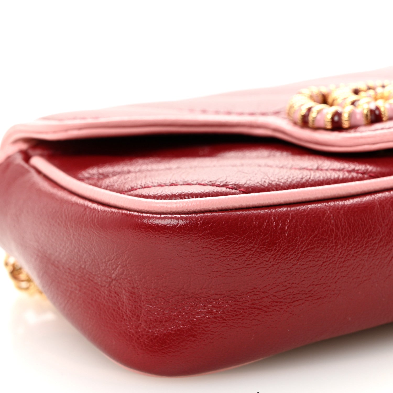 Azalea Calfskin Enamel Matelasse Diagonal Super Mini Torchon GG Marmont Shoulder Bag New Cherry Red Wild Rose