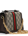 GG Supreme Monogram Textured Dollar Calfskin Web Mini Ophidia Padlock Top Handle Chain Shoulder Bag Beige Ebony New Acero