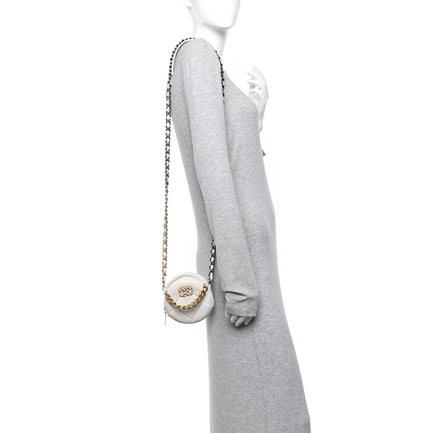 Shiny Goatskin Quilted CHNL 19 Round Clutch With Chain White