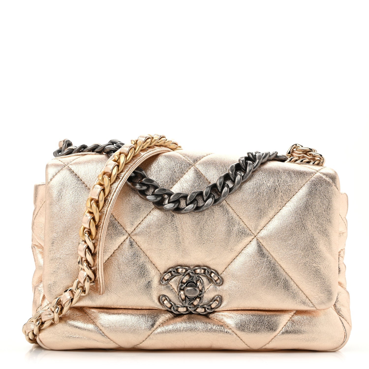 Metallic Lambskin Quilted Medium CHNL 19 Flap Gold