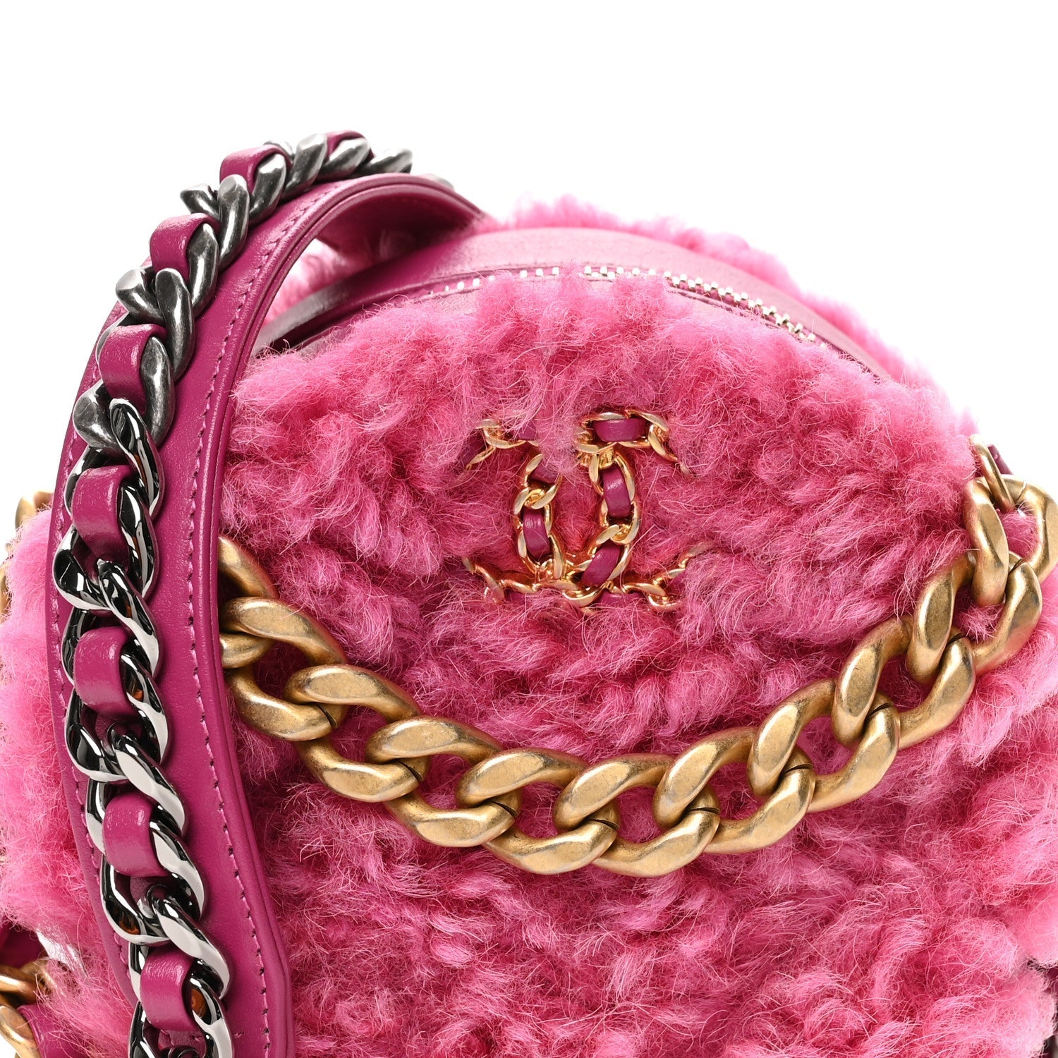 Shearling Sheepskin CHNL 19 Round Clutch With Chain Dark Pink