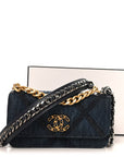 Denim Quilted CHNL 19 Flap Phone Holder With Chain Blue