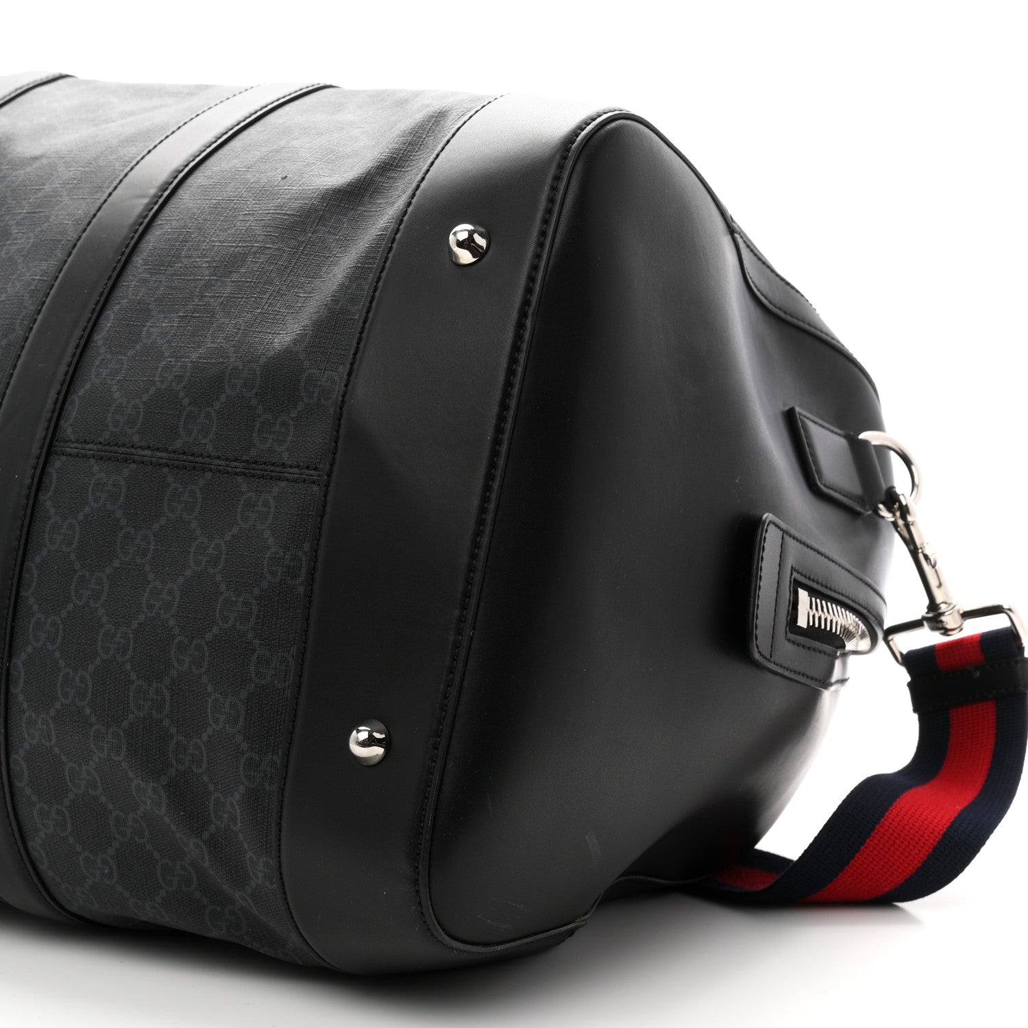 Soft GG Supreme Monogram Appia Calfskin Web Large Carry On Duffle Bag Black Grey