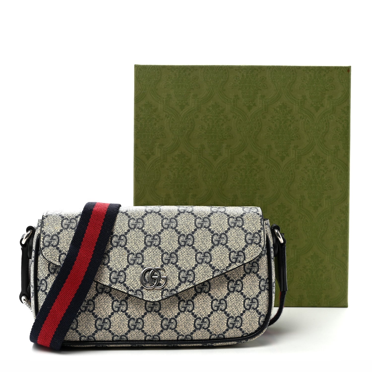 GG Supreme Monogram Textured Dollar Calfskin Web Mini Ophidia Envelope Shoulder Bag Beige Blue