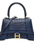 Shiny Calfskin Crocodile Embossed Small Hourglass Top Handle Bag Navy