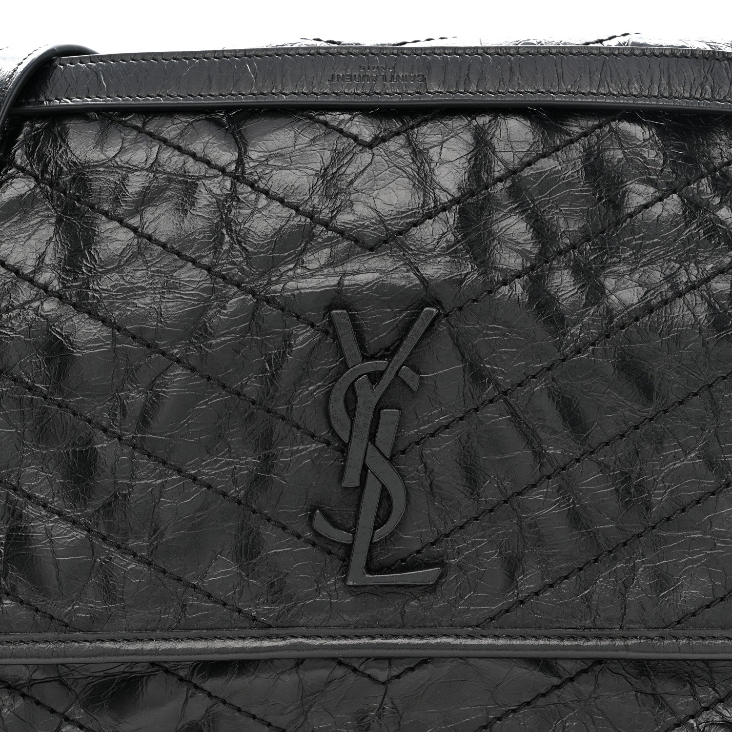 Crinkled Calfskin Matelasse Monogram Large Niki Chain Satchel Black
