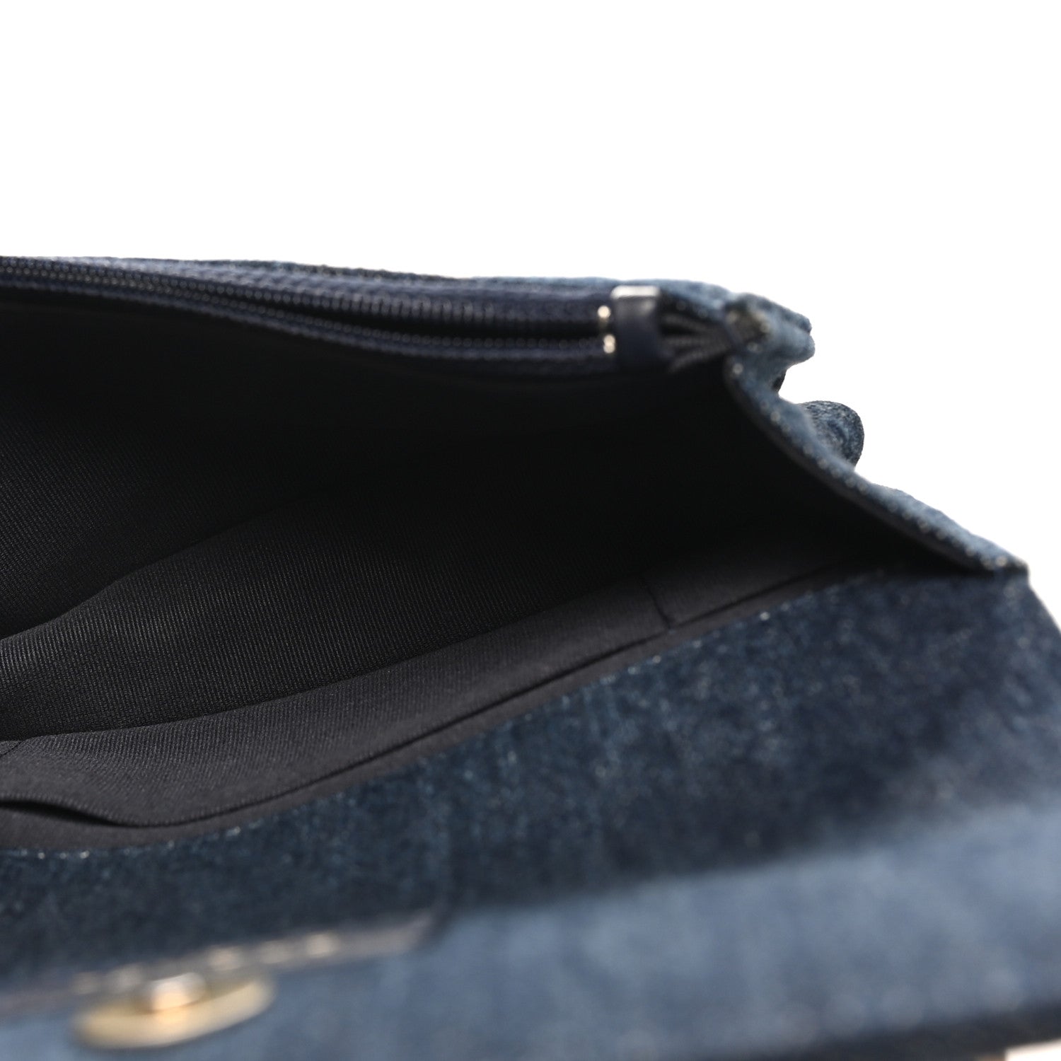 Denim Quilted CHNL 19 Flap Phone Holder With Chain Blue