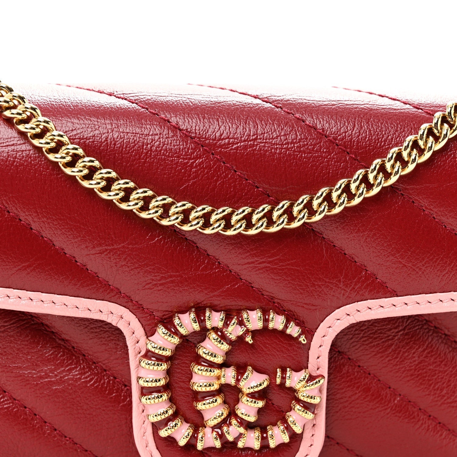 Azalea Calfskin Enamel Matelasse Diagonal Super Mini Torchon GG Marmont Shoulder Bag New Cherry Red Wild Rose