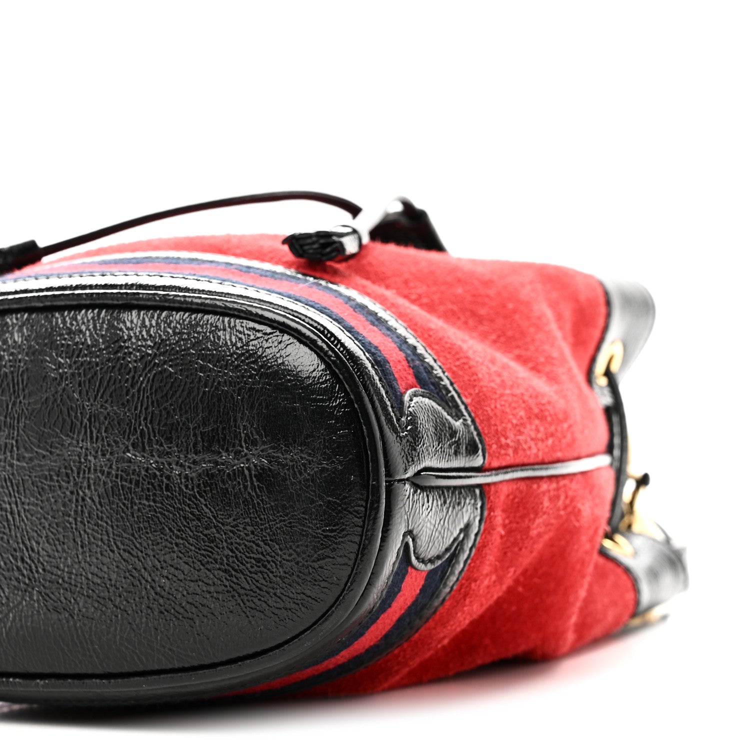 Suede Patent Web Small Ophidia Bucket Bag Hibiscus Red Black