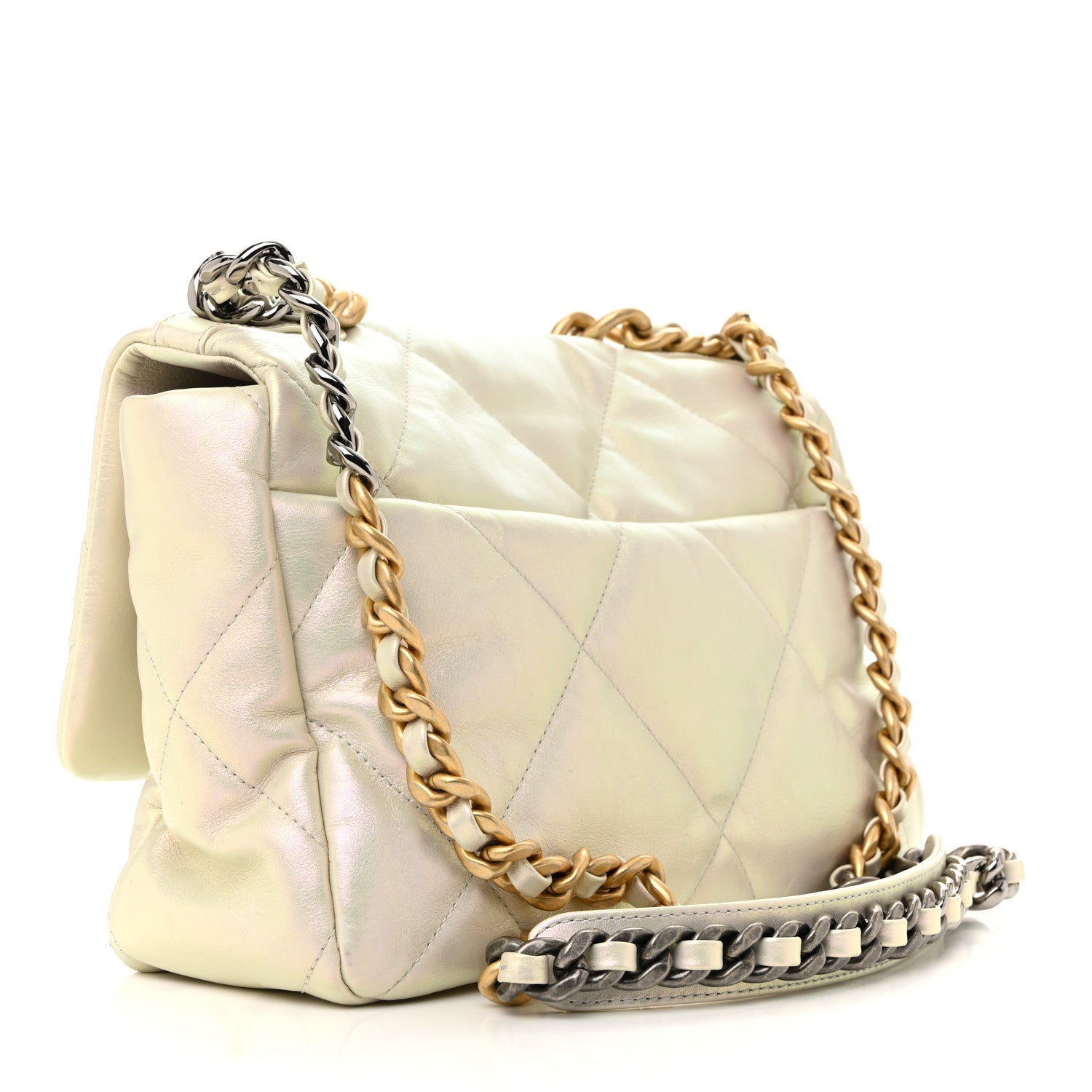 Iridescent Calfskin Quilted Large CHNL 19 Flap White