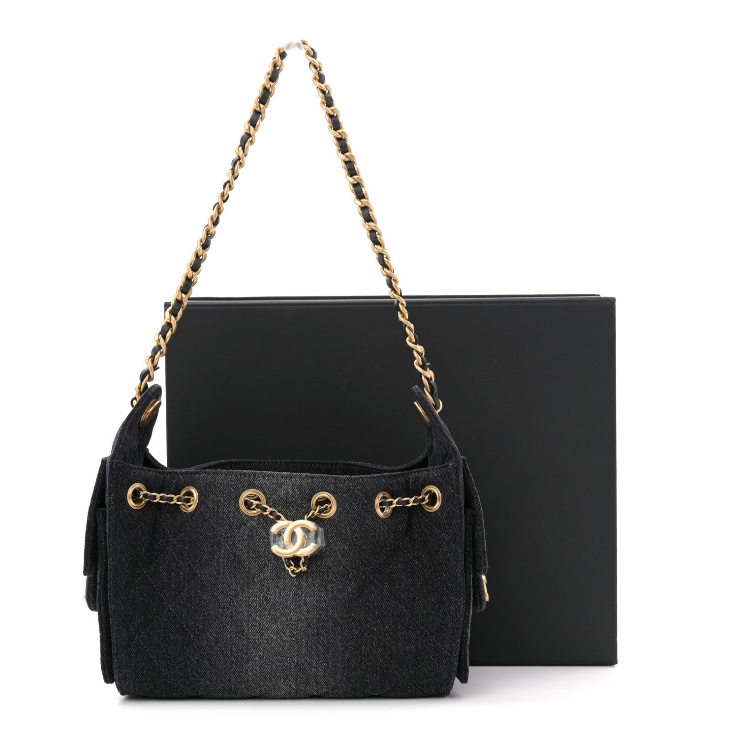 Washed Denim Quilted Mini CHNL 25 Handbag Black