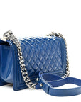 Patent Calfskin Quilted Medium Plexiglass Boy Flap Blue